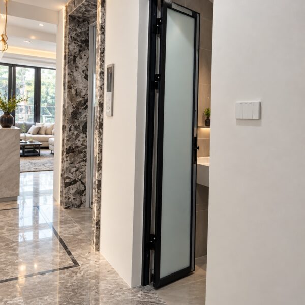 Cửa Eurotech hệ siêu mảnh khung đen – cửa nhà tắm cánh mở quay kính mờ