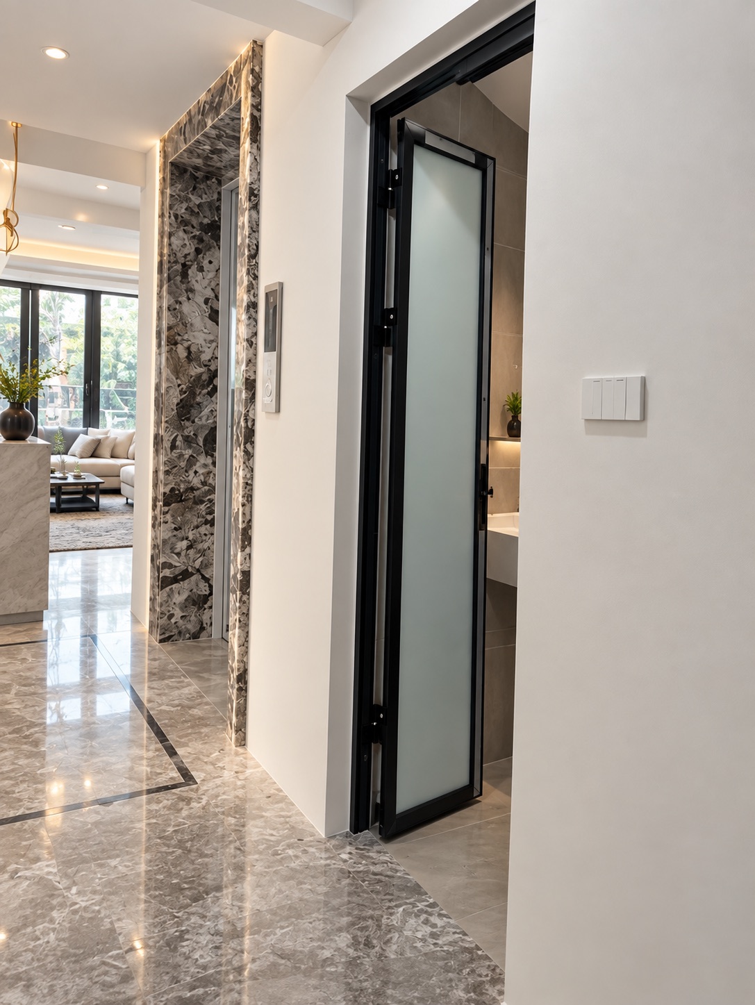 Cửa Eurotech hệ siêu mảnh khung đen – cửa nhà tắm cánh mở quay kính mờ