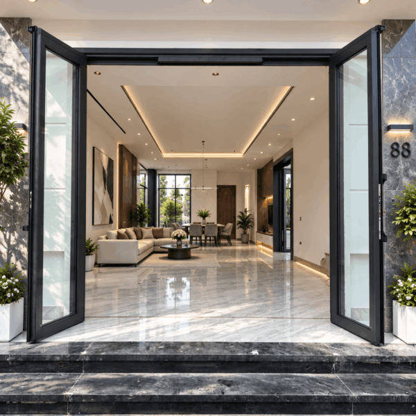 Cửa trượt quay Eurotech hệ VIP 88 màu xám đá – mở quay