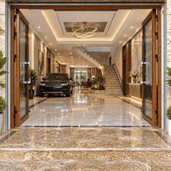 Cửa trượt quay Hoàng Gia vân gỗ lim – mở rộng hết cánh