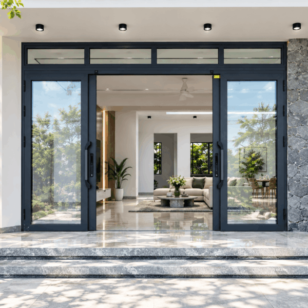 Cửa trượt quay Hoàng Gia xám đá có ô fix – mở trượt