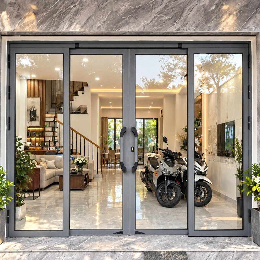 Cửa trượt quay Eurotech hệ VIP 68 mặt tiền nhà phố — trạng thái đóng