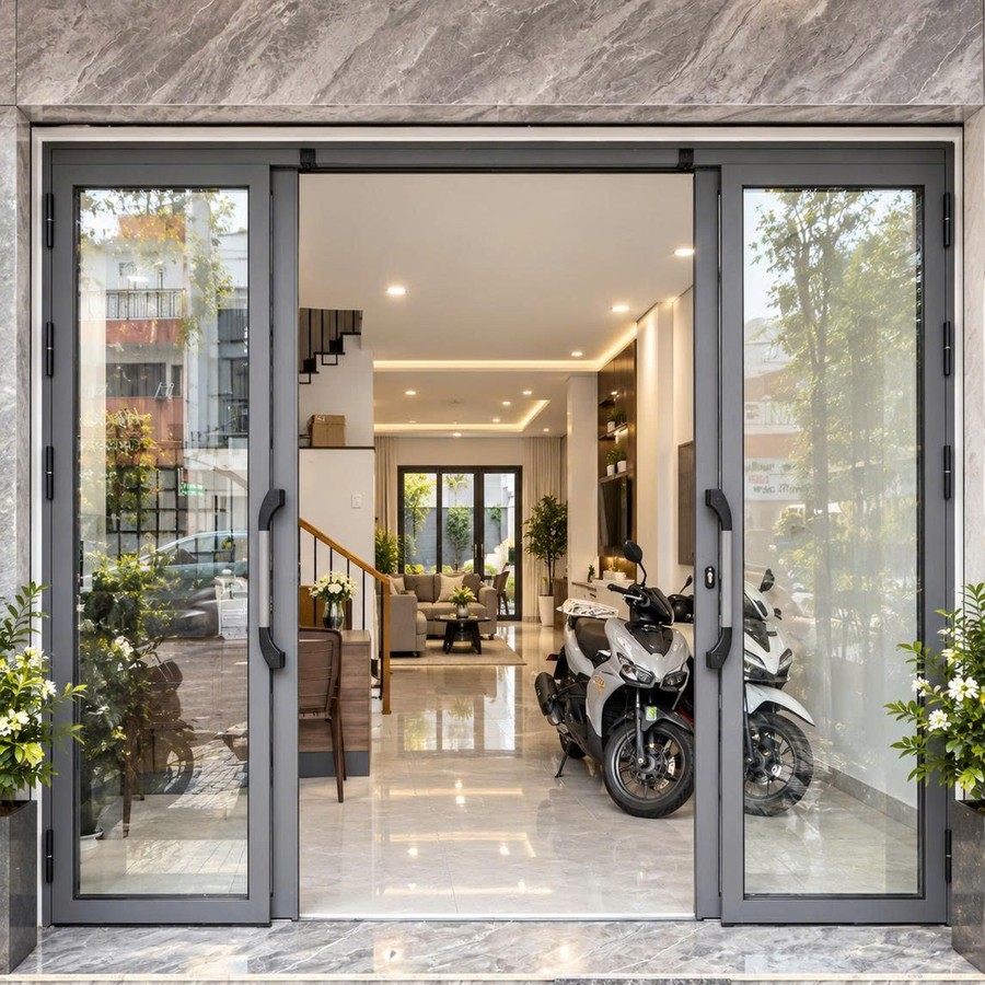Cửa trượt quay Eurotech hệ VIP 68 mặt tiền nhà phố — mở hé