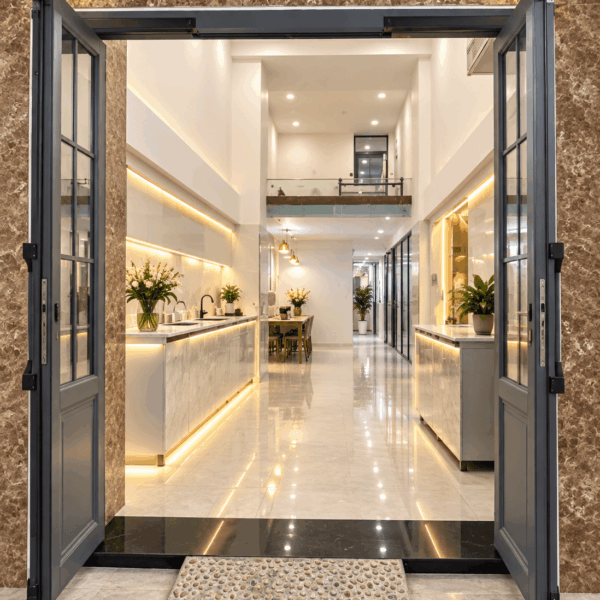 Cửa trượt quay VIP 68 ghi xám chia ô kính – góc nhìn thứ hai