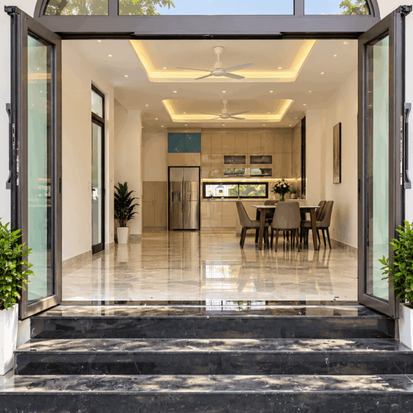 Cửa trượt quay VIP 68 nâu cà phê uốn vòm – góc nhìn thứ hai