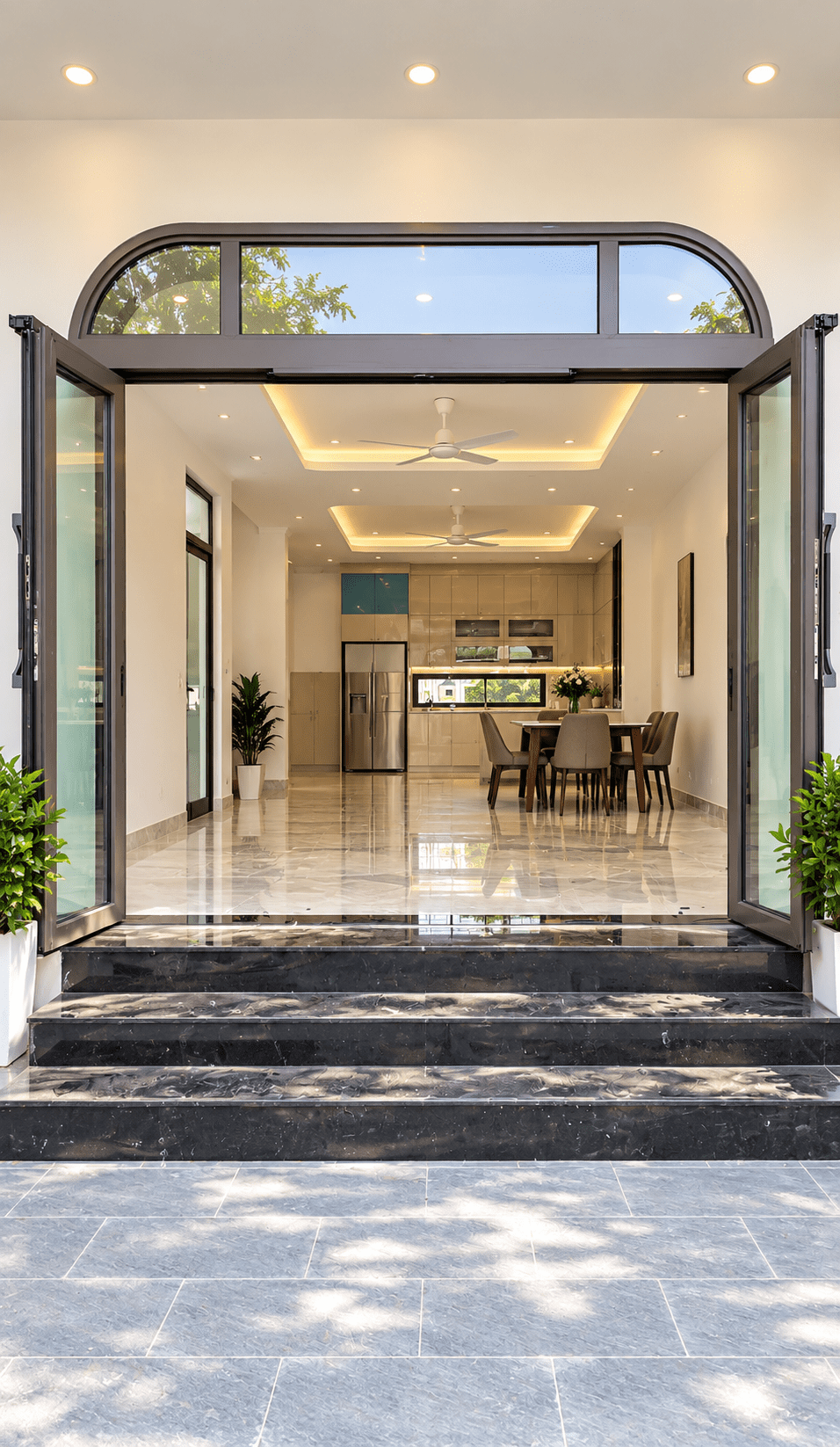 Cửa trượt quay VIP 68 nâu cà phê uốn vòm – góc nhìn thứ hai