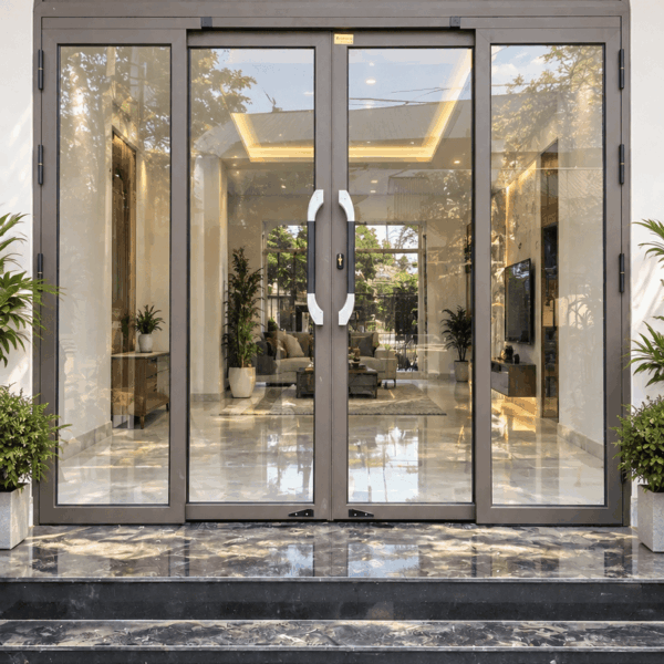 Cửa trượt quay VIP 68 nâu cà phê uốn vòm – cánh mở