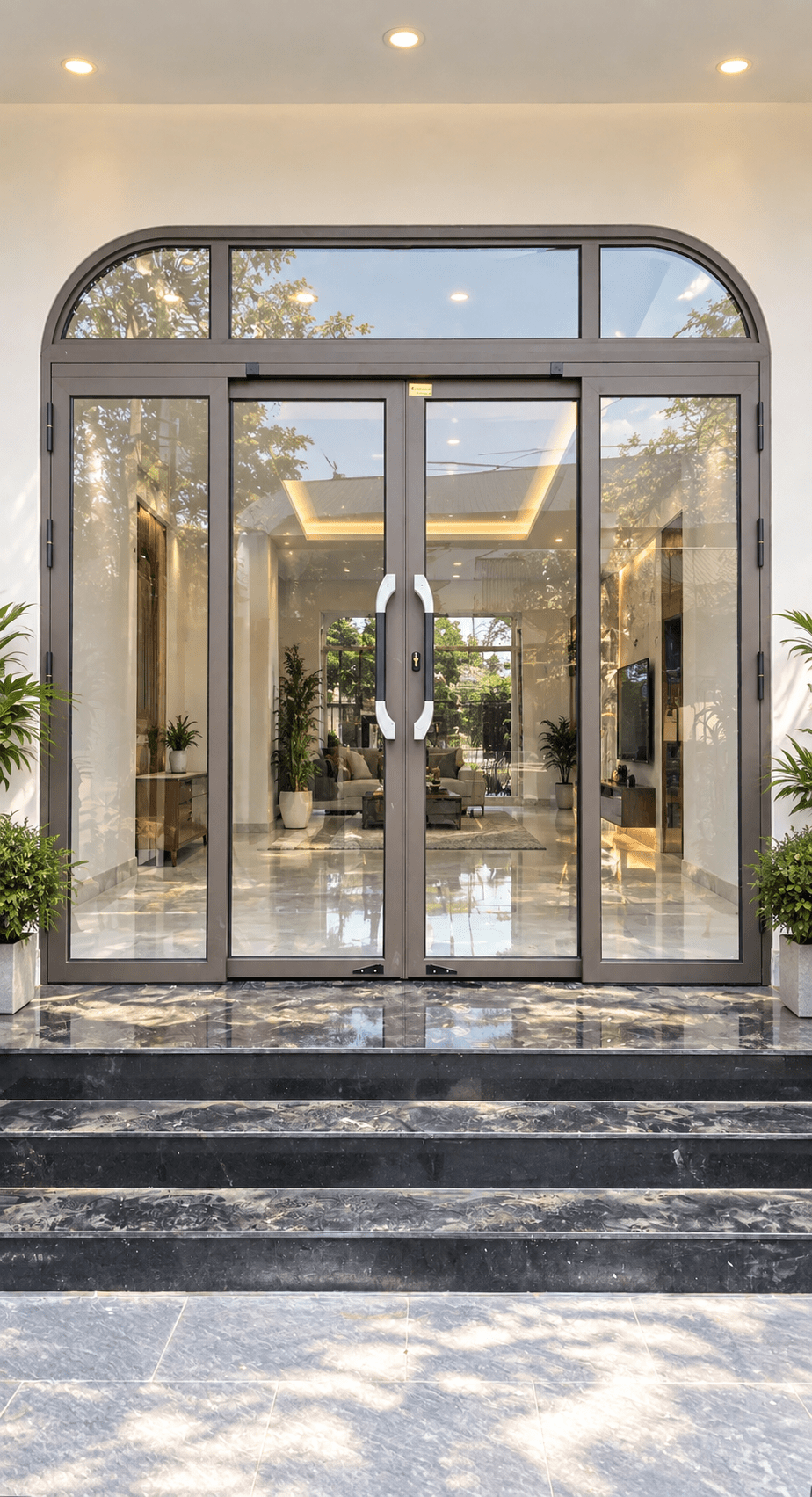 Cửa trượt quay VIP 68 nâu cà phê uốn vòm – cánh mở