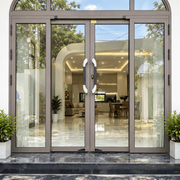 Cửa trượt quay Eurotech VIP 68 màu nâu cà phê uốn vòm