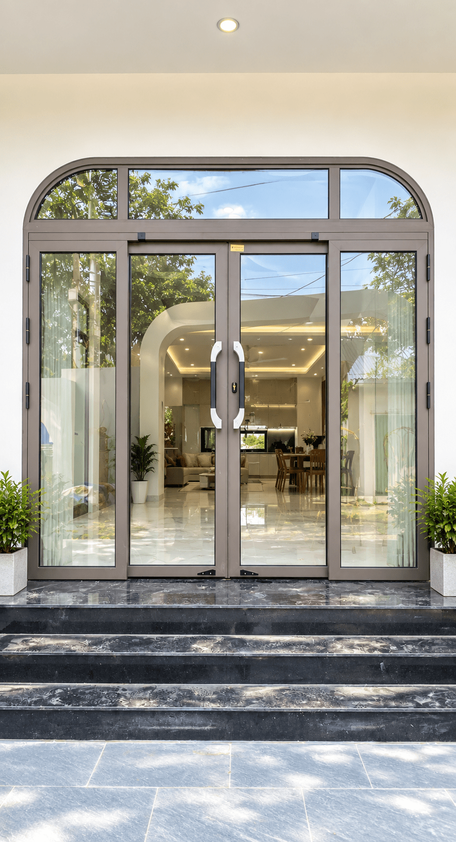 Cửa trượt quay Eurotech VIP 68 màu nâu cà phê uốn vòm