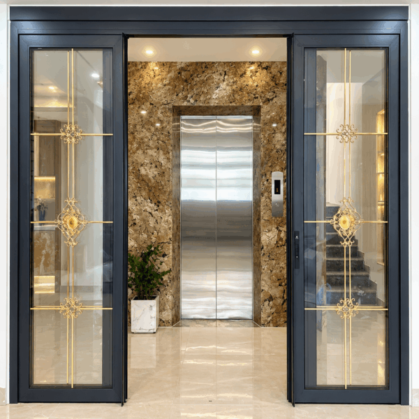 Cửa trượt quay Eurotech VIP 68 xám đá 4 cánh kính hộp nan đồng