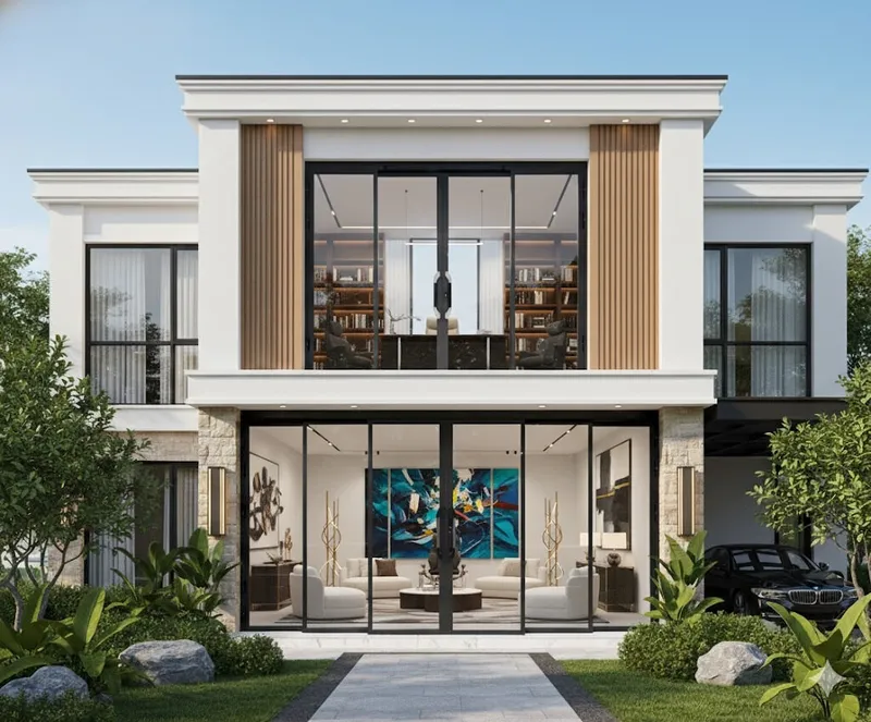 Cửa slim trượt quay Eurotech lắp mặt tiền ngôi nhà, cánh cửa đóng